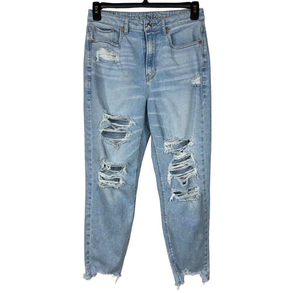 American Eagle SZ 8 Highest Rise Mom Jeans Distressed Rips Chewed Hem Light Wash